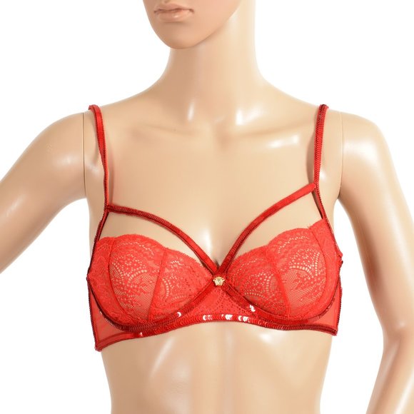 Versace Bright Red Embellished Balconette Bra